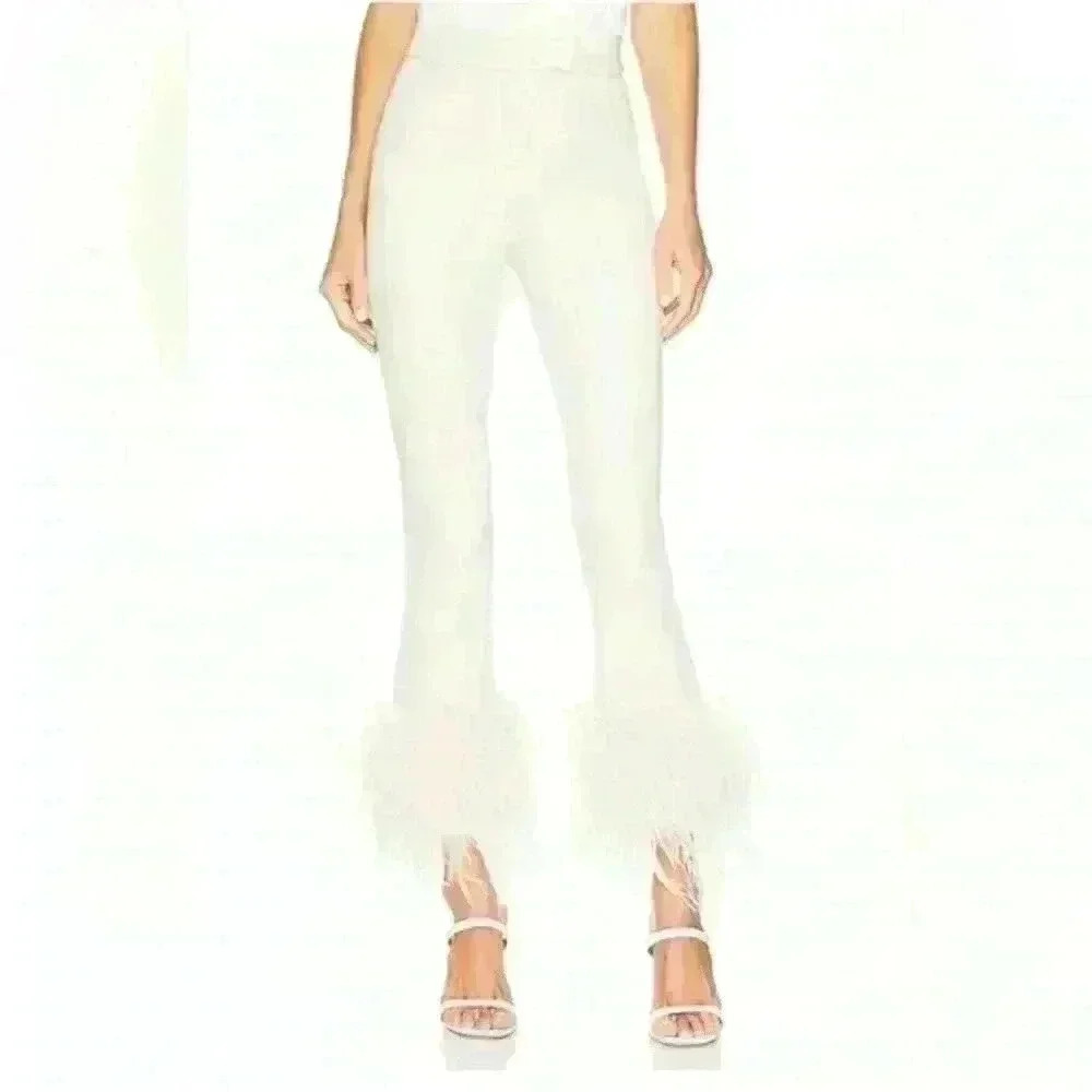 Lamarque Pagetta Cropped Feather Trim Faux Leather Pants Bone Color Medium